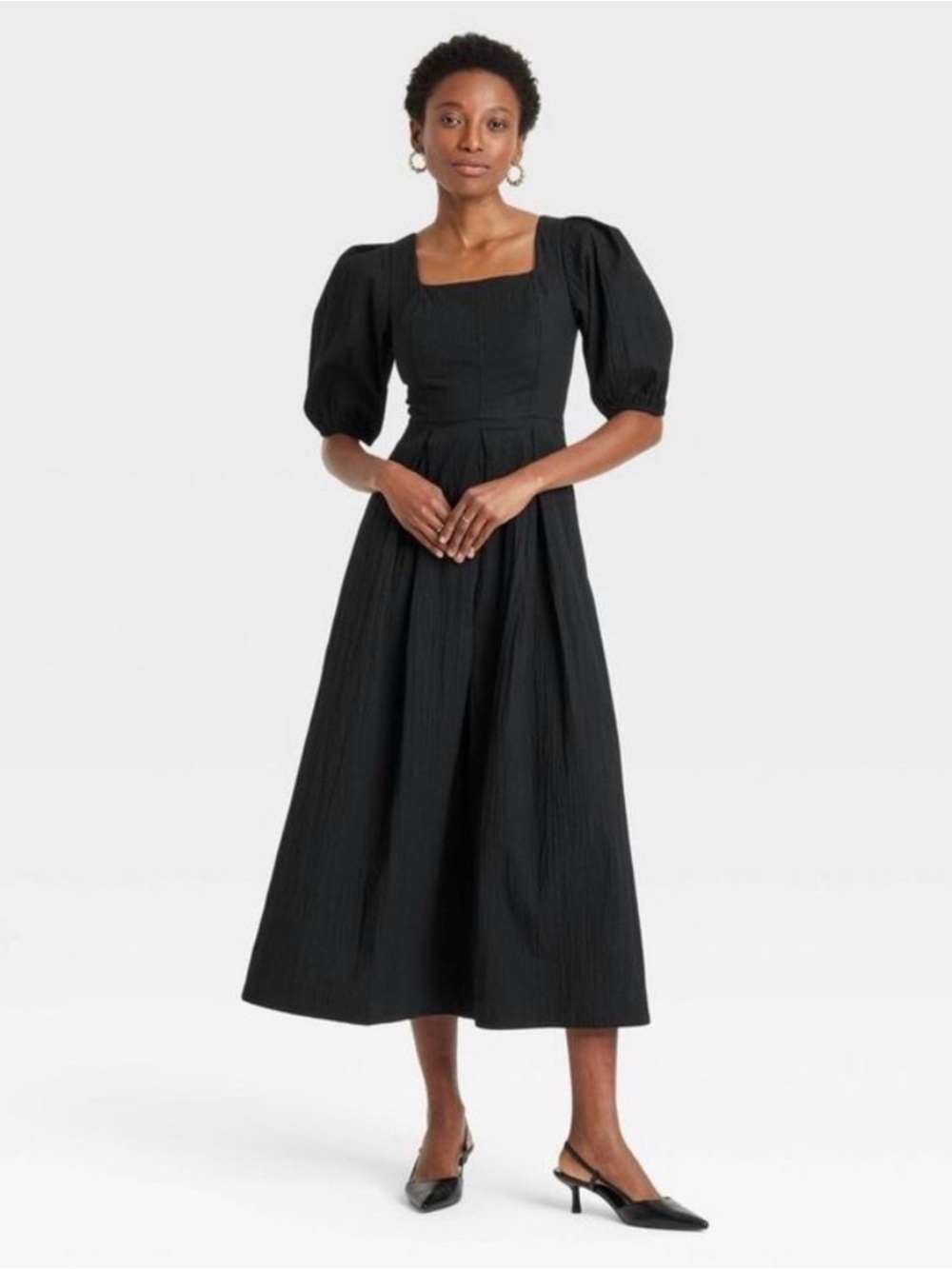 Black Puff Sleeve Midi Dress